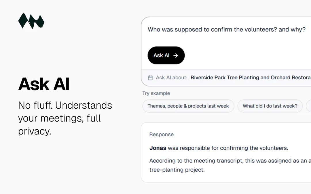 Bearbits Ask AI screen answering a question about a prior meeting.