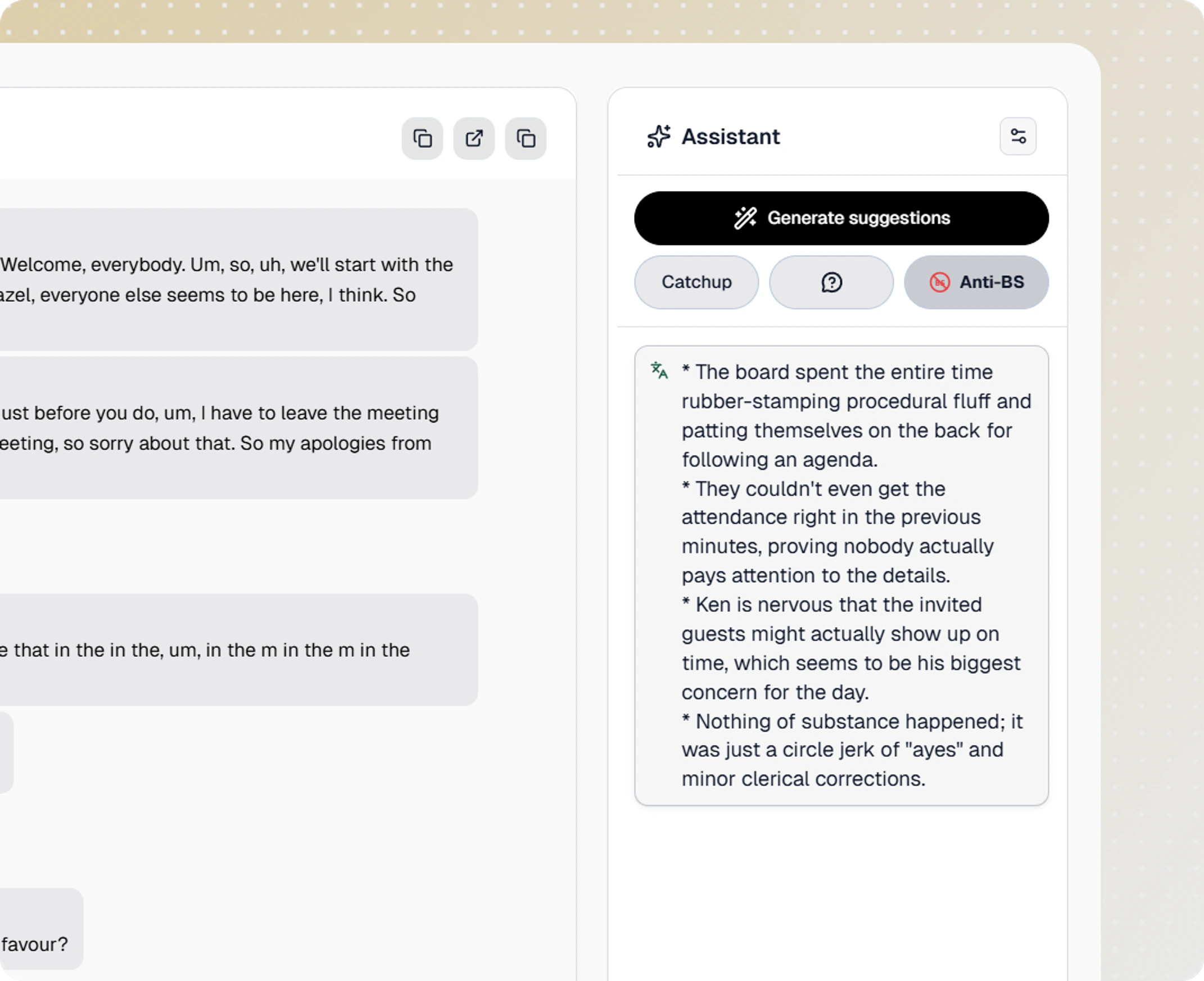 Bearbits meeting view with NGL Recap response suggestions